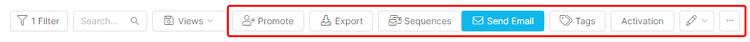 Image highlighting the bulk actions Promote, Export, Sequences, Send Email, Tags, Activation, Edit, and More Options