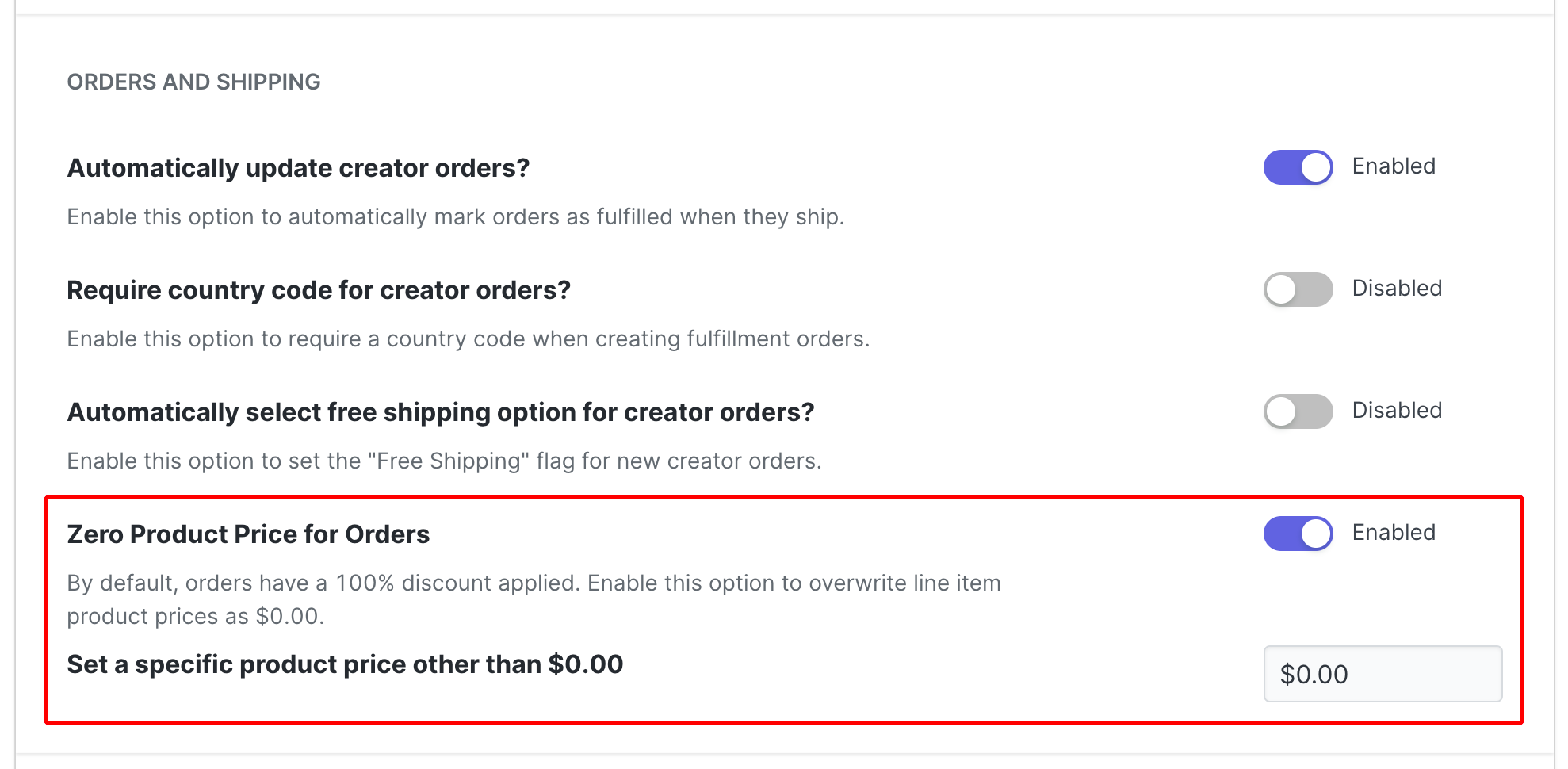 Image of BigCommerce Orders and Shipping settings with recommended settings highlighted.