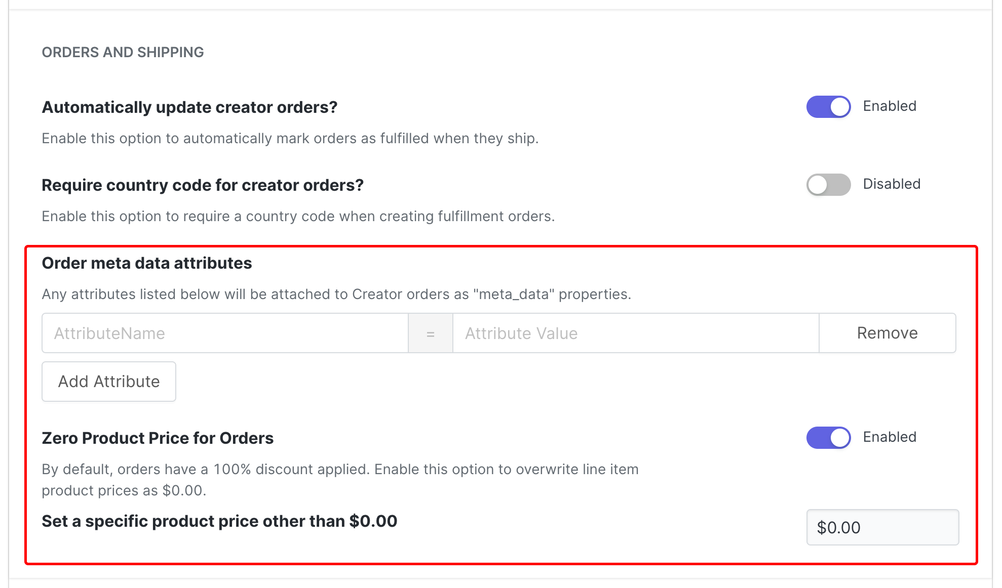 Image of WooCommerce Orders and Shipping settings with the recommended settings highlighted