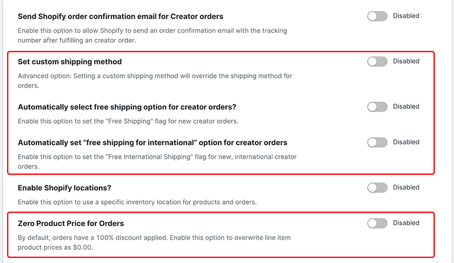 Image of the recommended Shopify settings highlighted