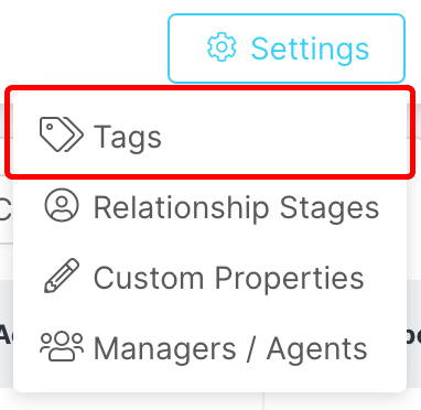 Image of the Contacts or Prospects Settings dropdown menu with the Tags option highlighted.