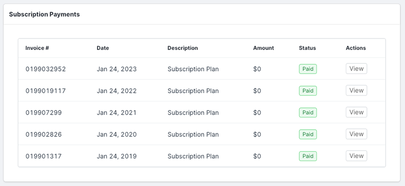 Image of a Subscription Payments table. Each row has a different invoice with the column labels listed below.