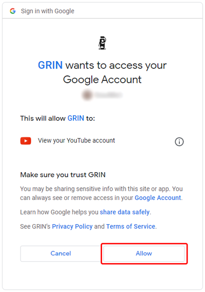 Image of YouTube sign in screen with GRIN's necessary permissions listed and the Allow button highlighted.