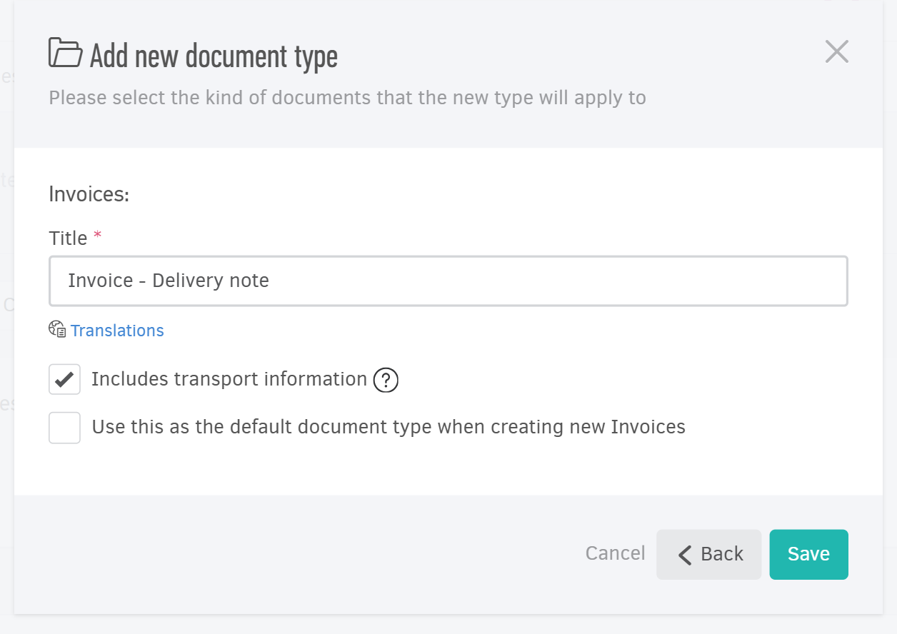 Add new document type - Includes transport information option