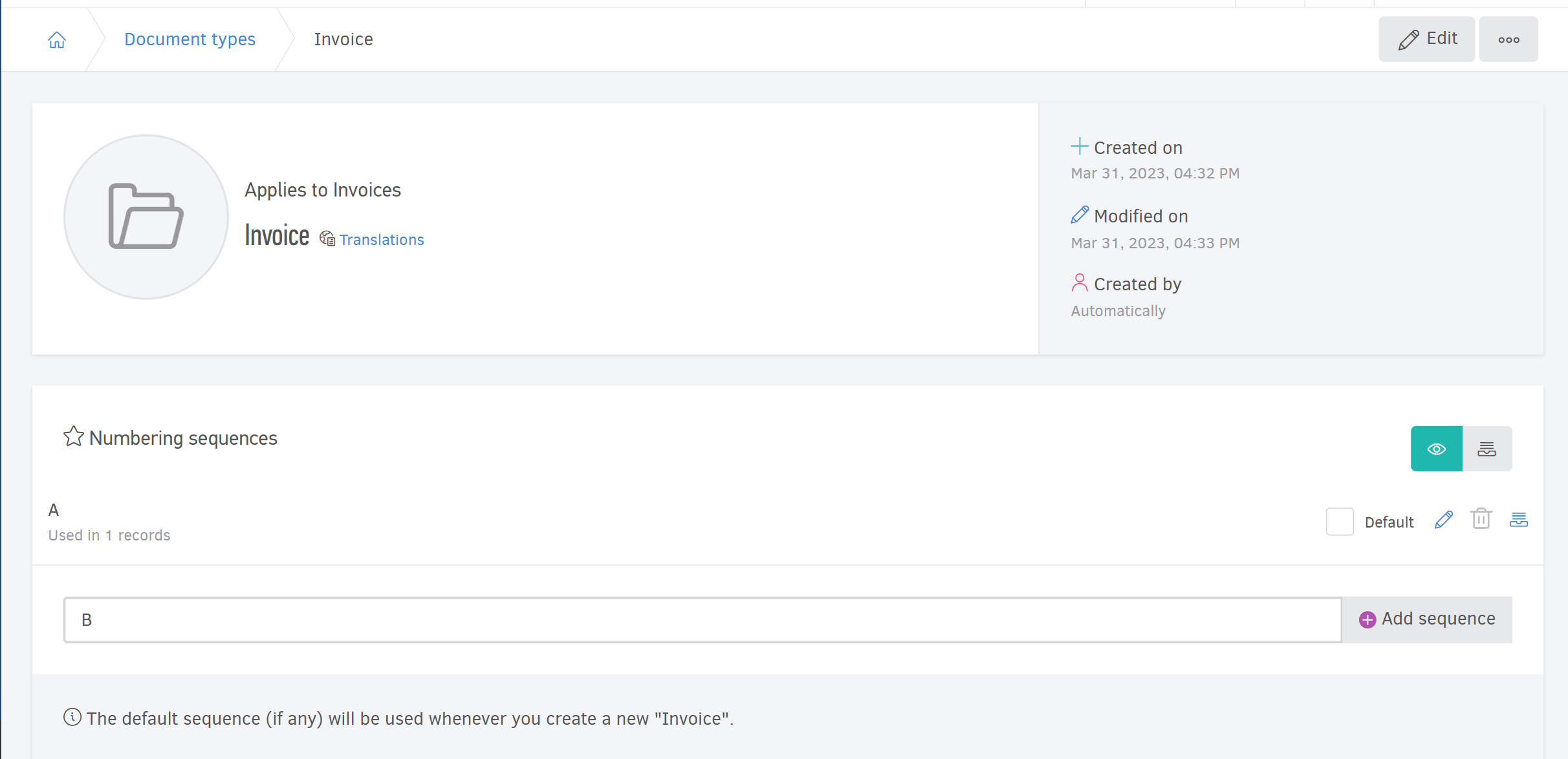Manage numbering sequences from the document type view page