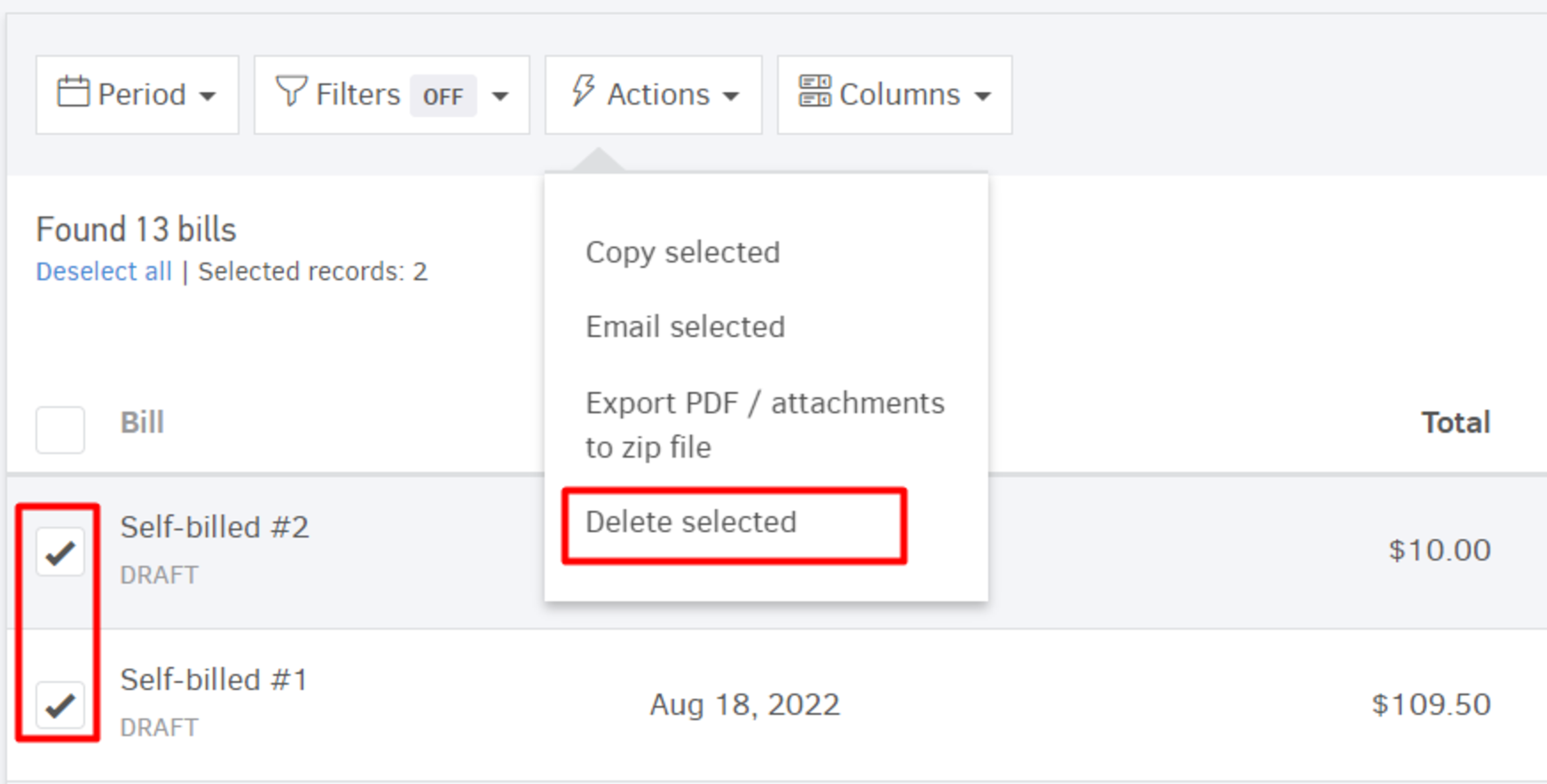 self-billed invoices-actions-delete selected