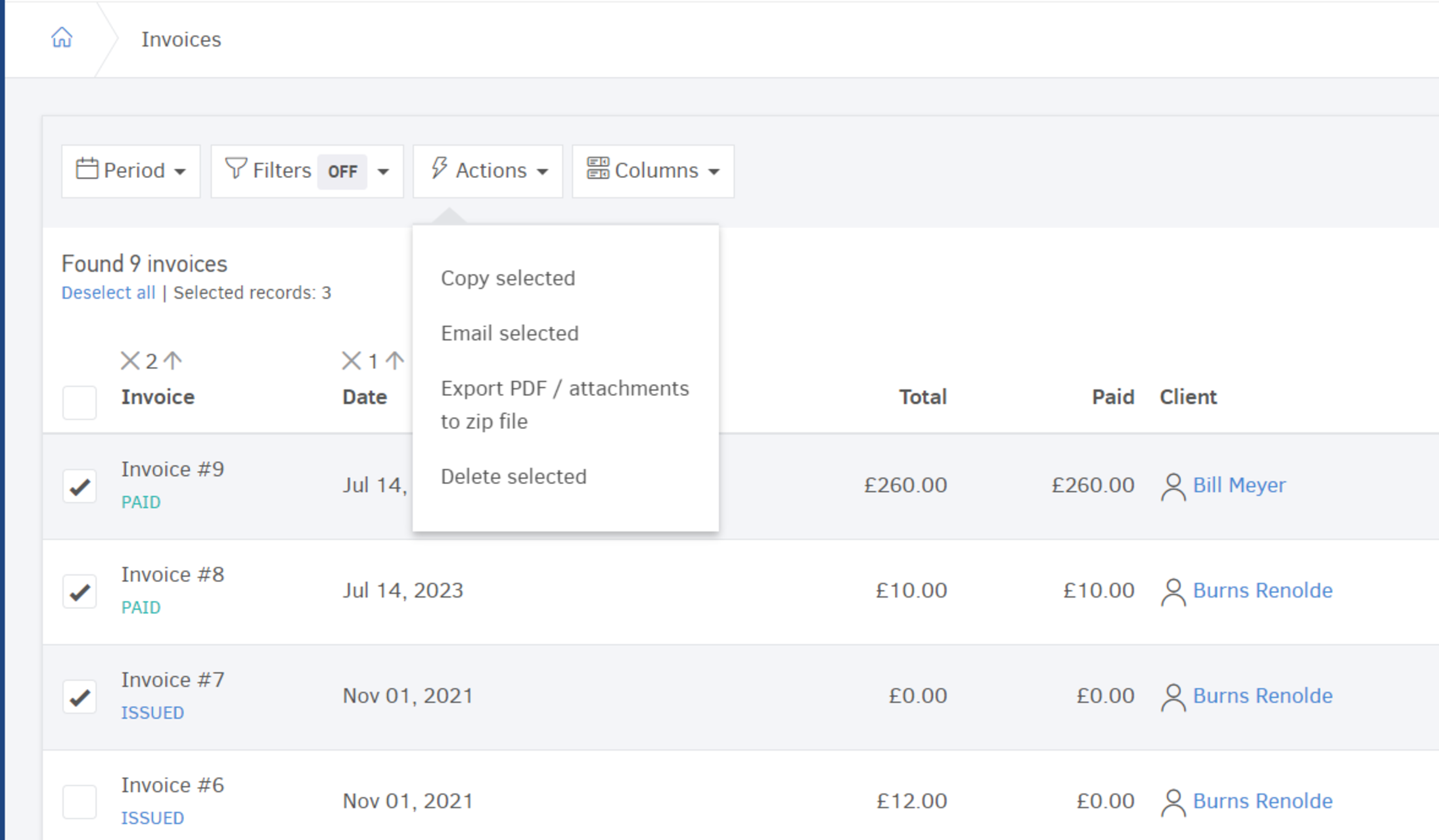 actions in Invoices 1