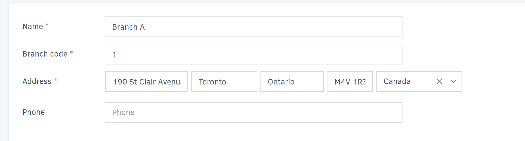 Fields to complete when adding a branch