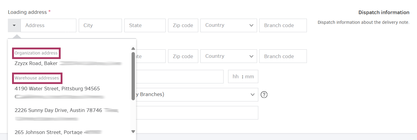 Available addresses in internal delivery notes