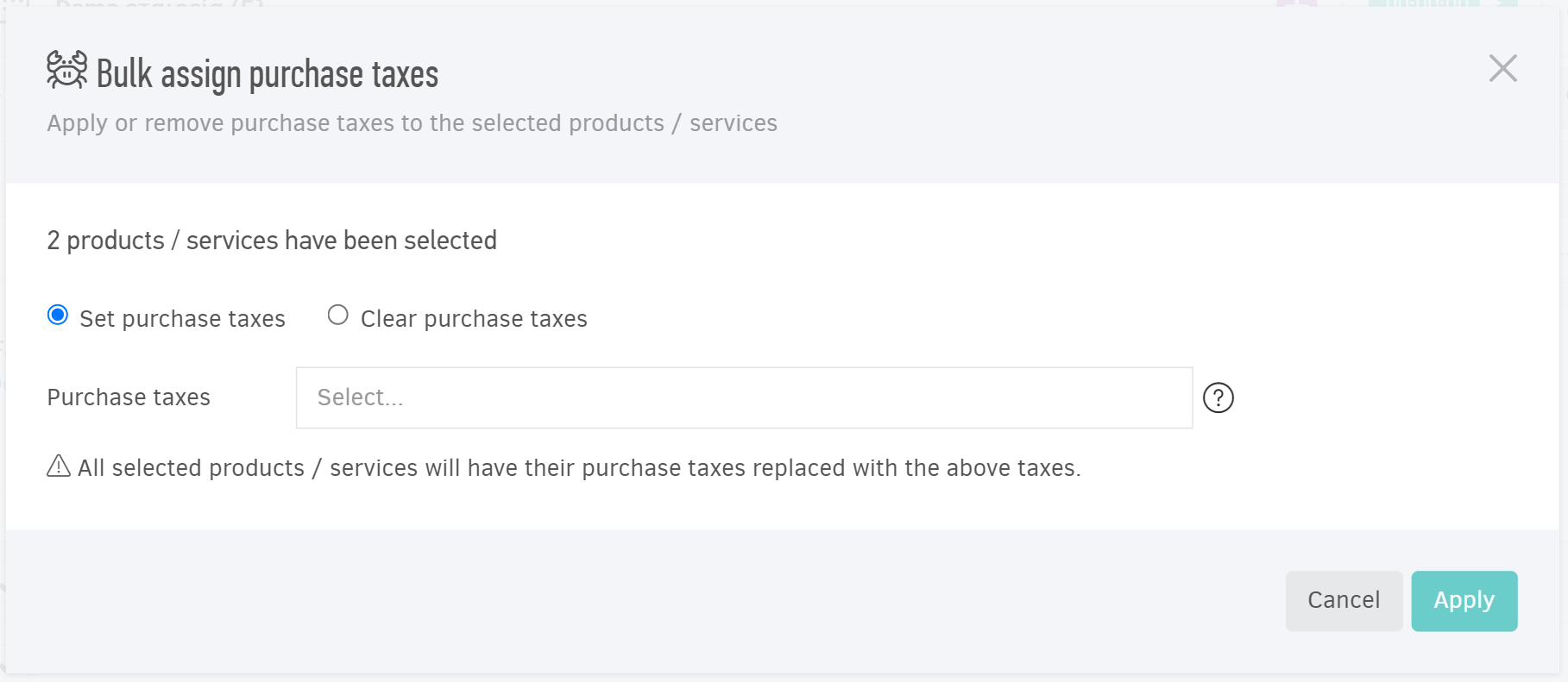 Bulk assignment of purchase taxes