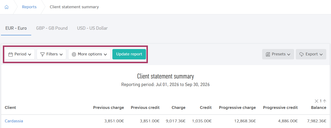 Client statement summary filters