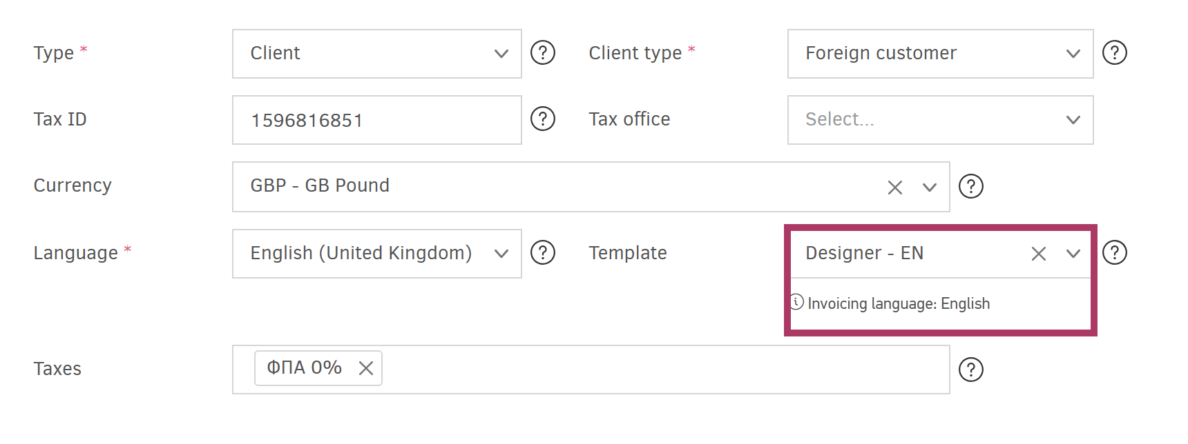 Default Τemplate per contact