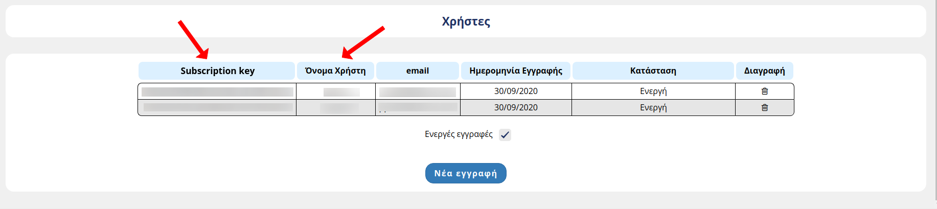 Τα πεδία "Όνομα χρήστη" και "Subscription key", όπως εμφανίζονται στη σελίδα της ΑΑΔΕ
