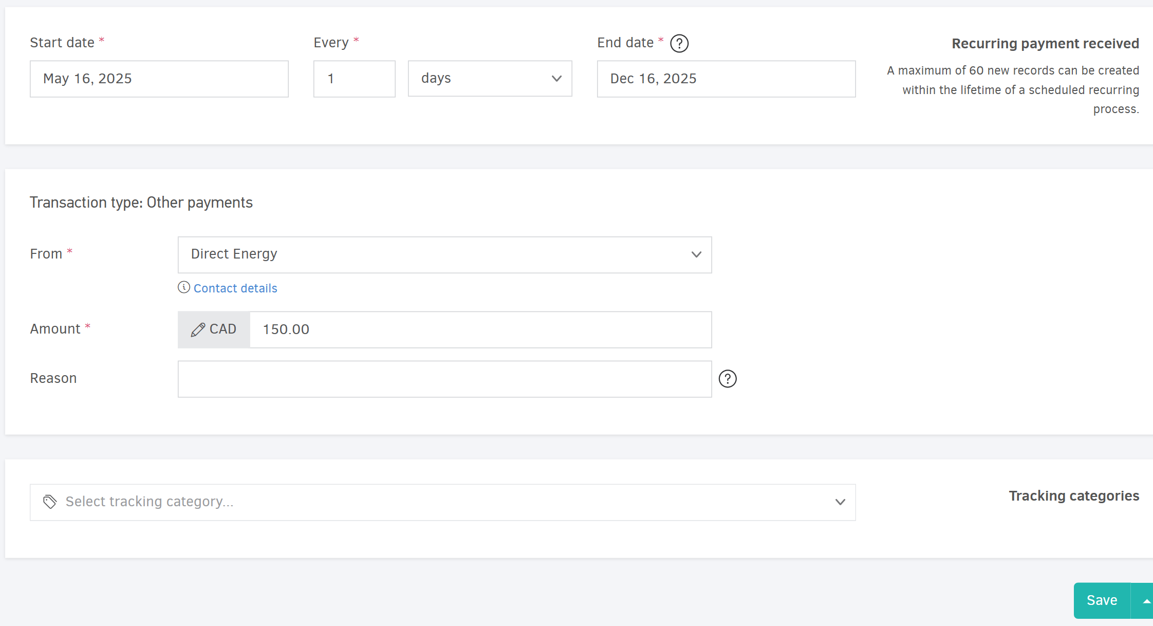 Add-ons - Form for adding a recurring payment received