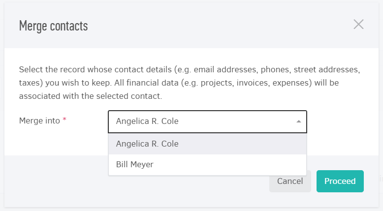 Merge selected contacts - Pop-up window