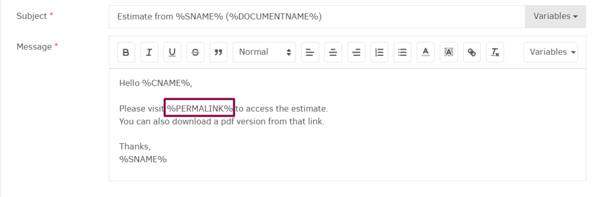 permalink variable-email template-estimate