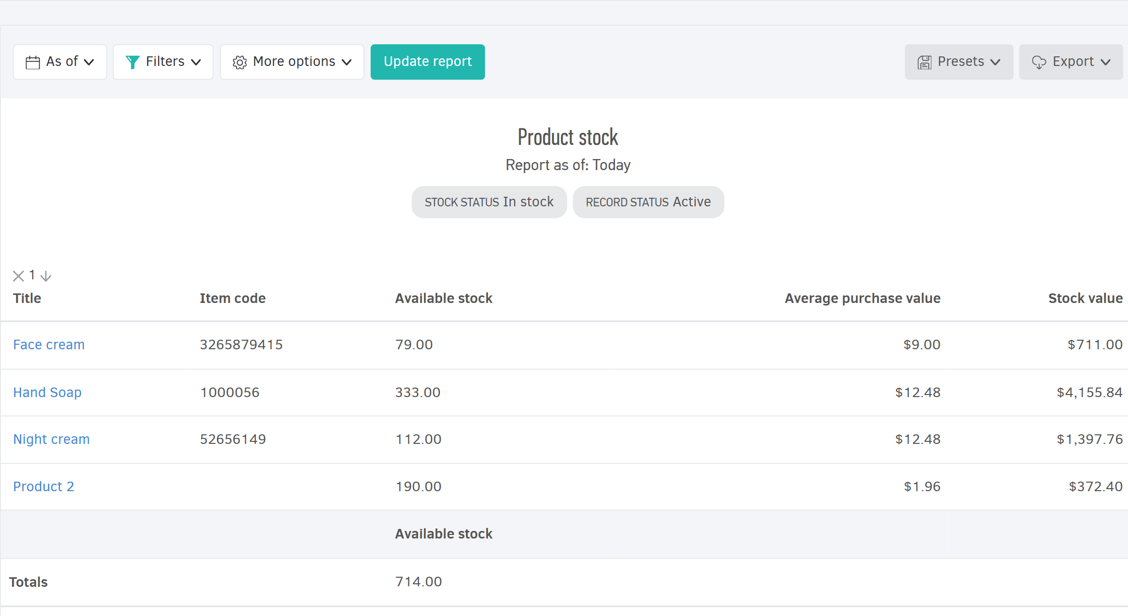 Product stock report
