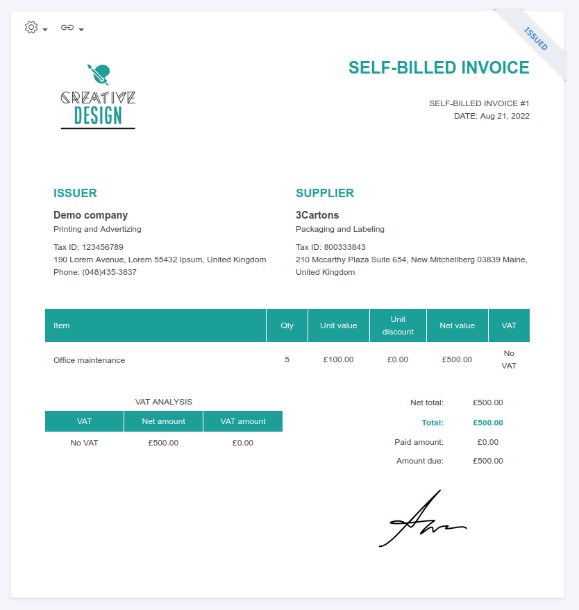 Issue self-billed invoices