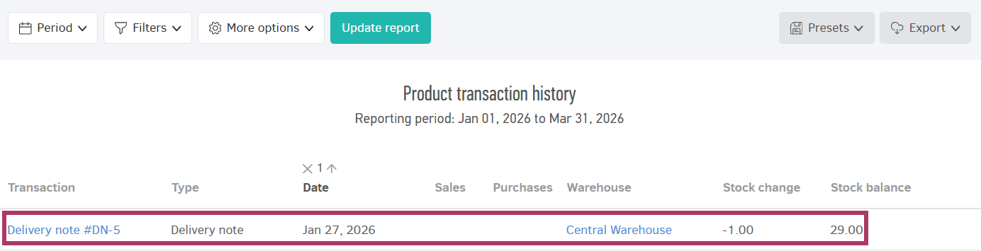 Stock changes in delivery notes