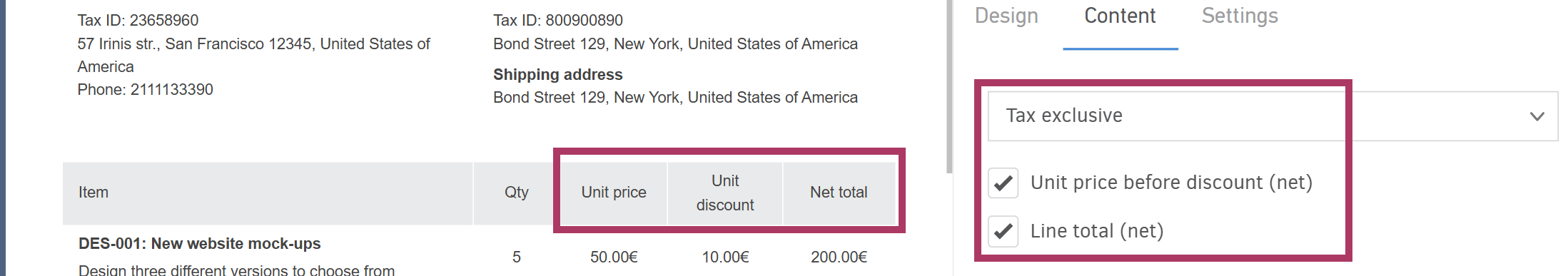 Template - Tax exclusive option