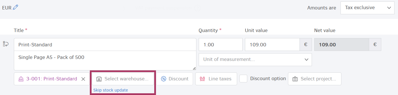 Warehouse selection within an invoice