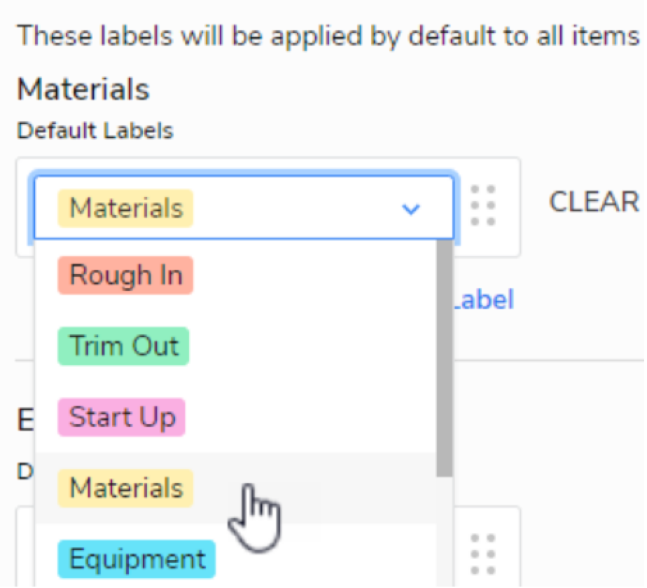 Dropdown menu showing various labels for pricebook items including materials and equipment.