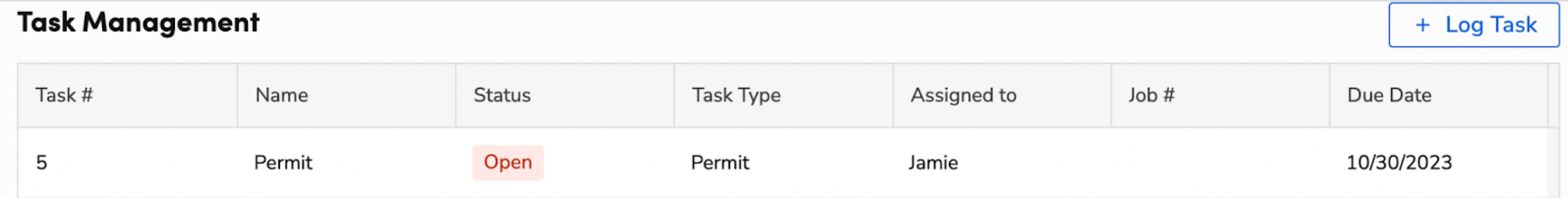 Task management table showing an open permit assigned to Jamie with a due date.