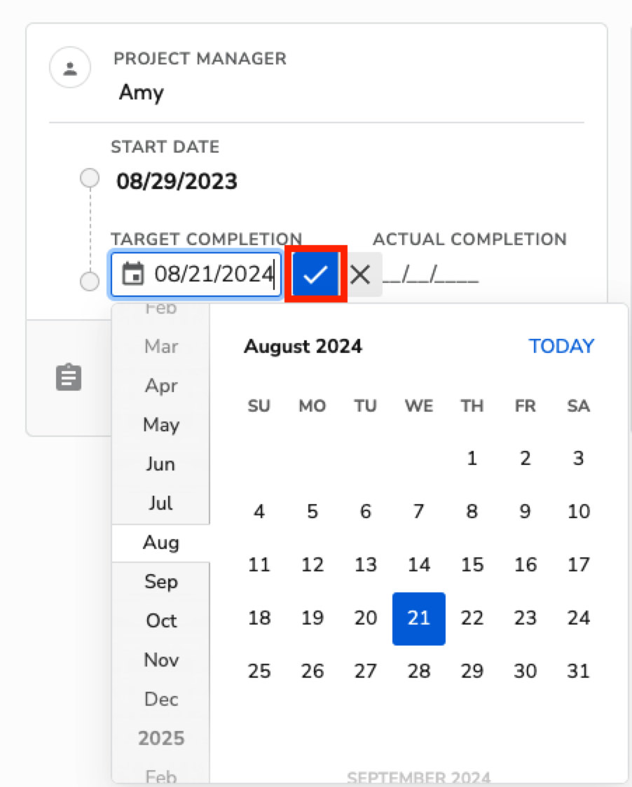 Project management interface showing start and target completion dates with calendar selection.