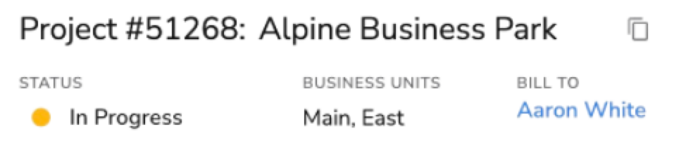 Project details for Alpine Business Park, currently in progress, billed to Aaron White.