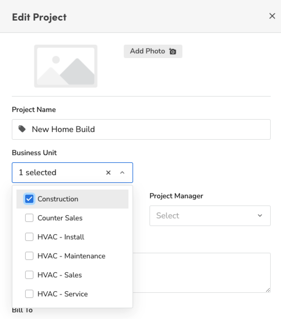 Editing project details for a new home build, including business unit selection.