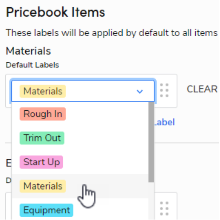 Dropdown menu showing various labels for pricebook items including materials and equipment.