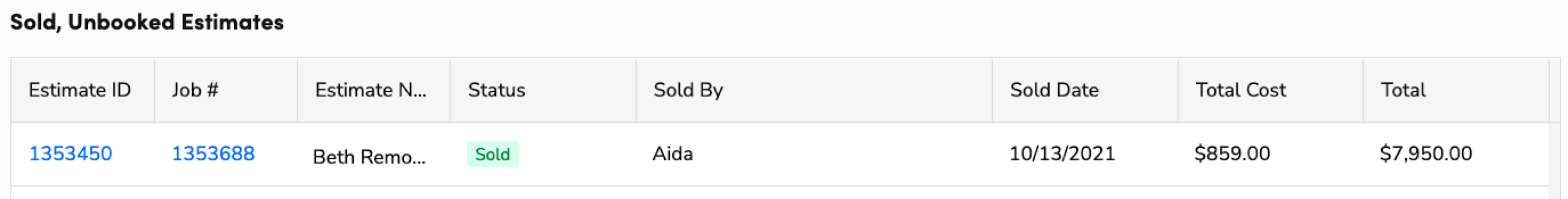 Table displaying sold estimates with details like ID, job number, status, and costs.