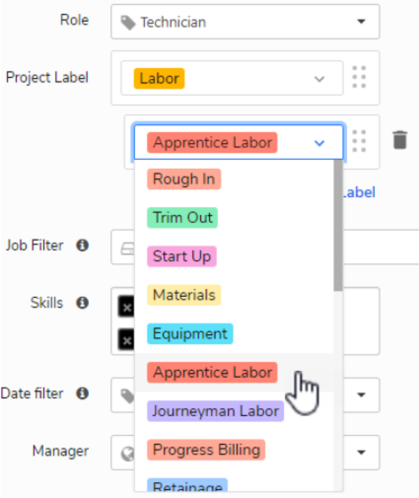 Dropdown menu showing various labor roles including Apprentice Labor and others.