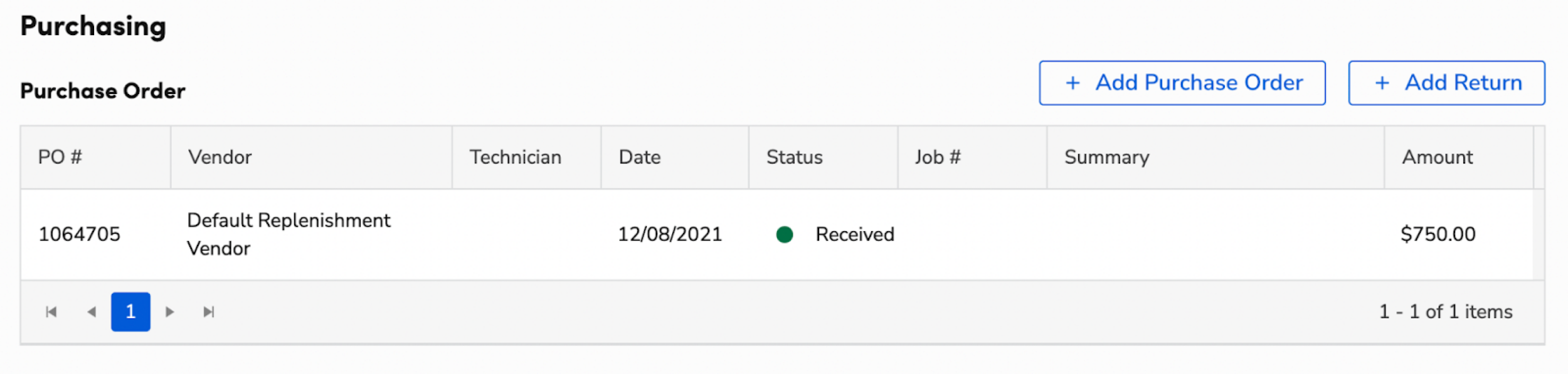 Table displaying purchase order details including vendor, date, status, and amount.