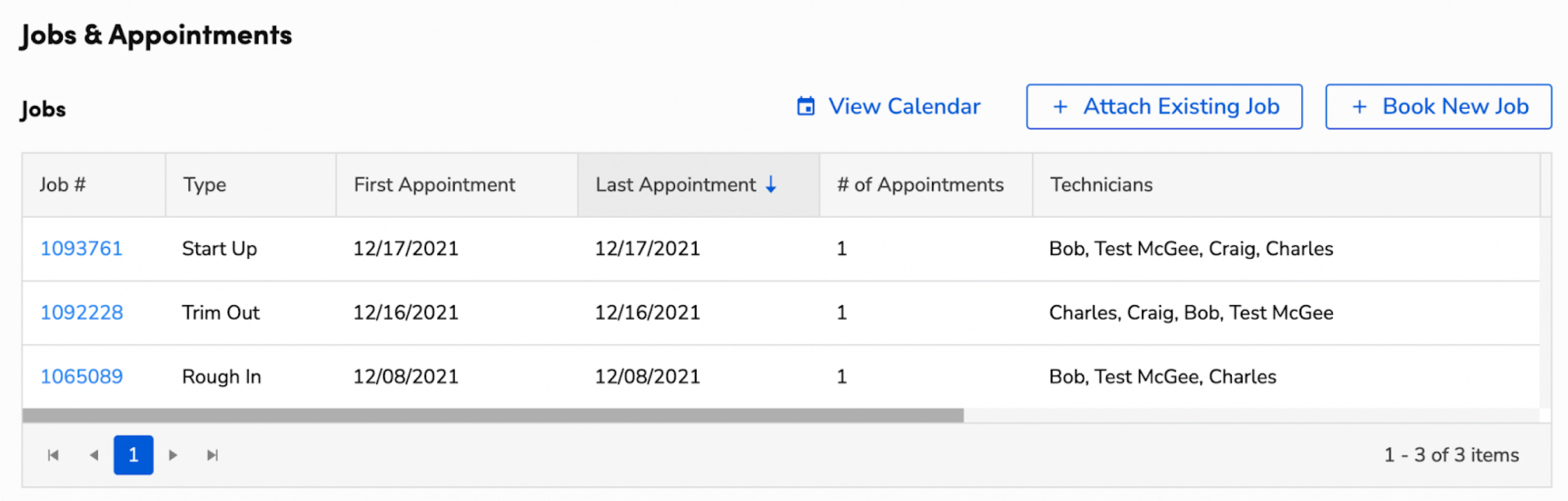 Table displaying job appointments with details like job number, type, and technicians.