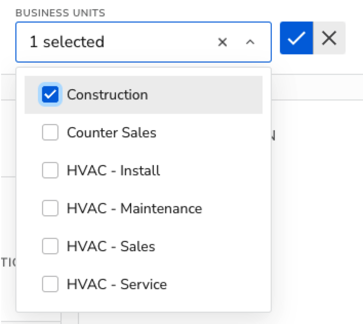Dropdown menu showing selected business unit options including Construction and HVAC categories.