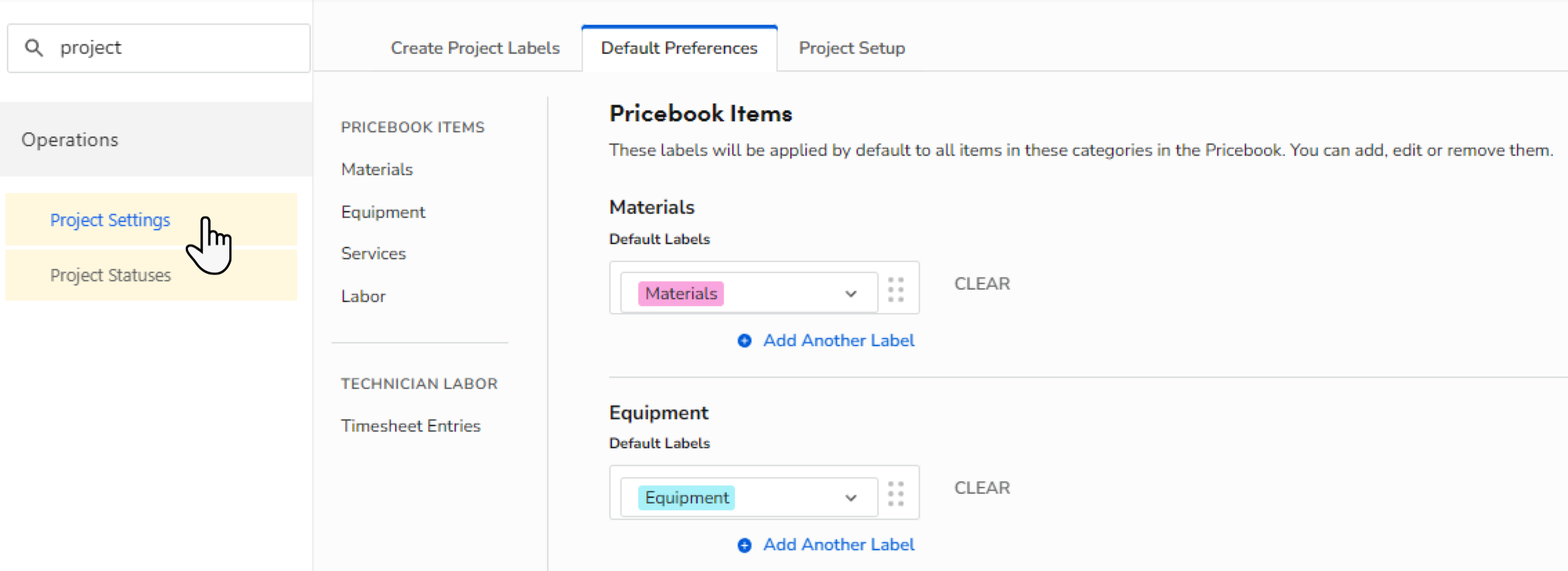 User navigates to Project Settings in the Pricebook Items section of a software interface.