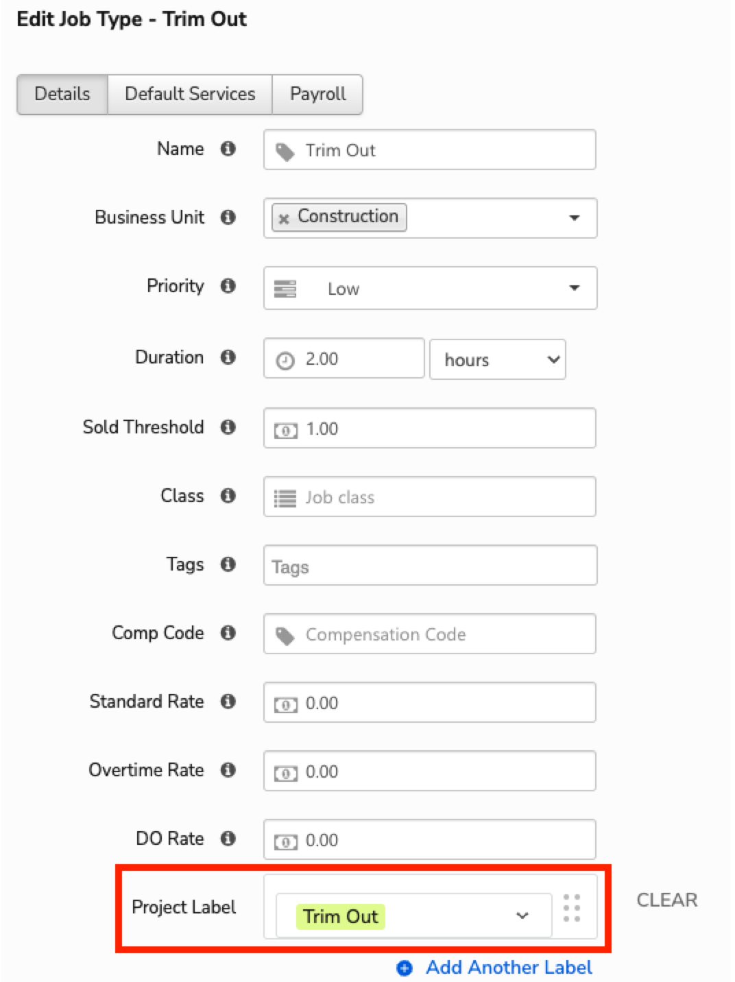 Editing job type details for 'Trim Out' in construction project management software.