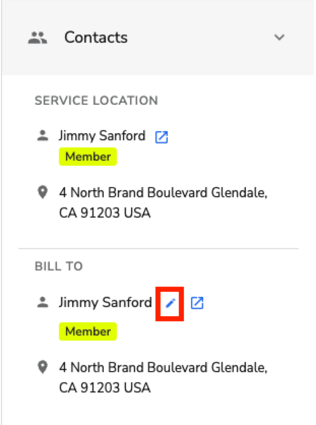 Contact information for Jimmy Sanford, including service location and billing details.