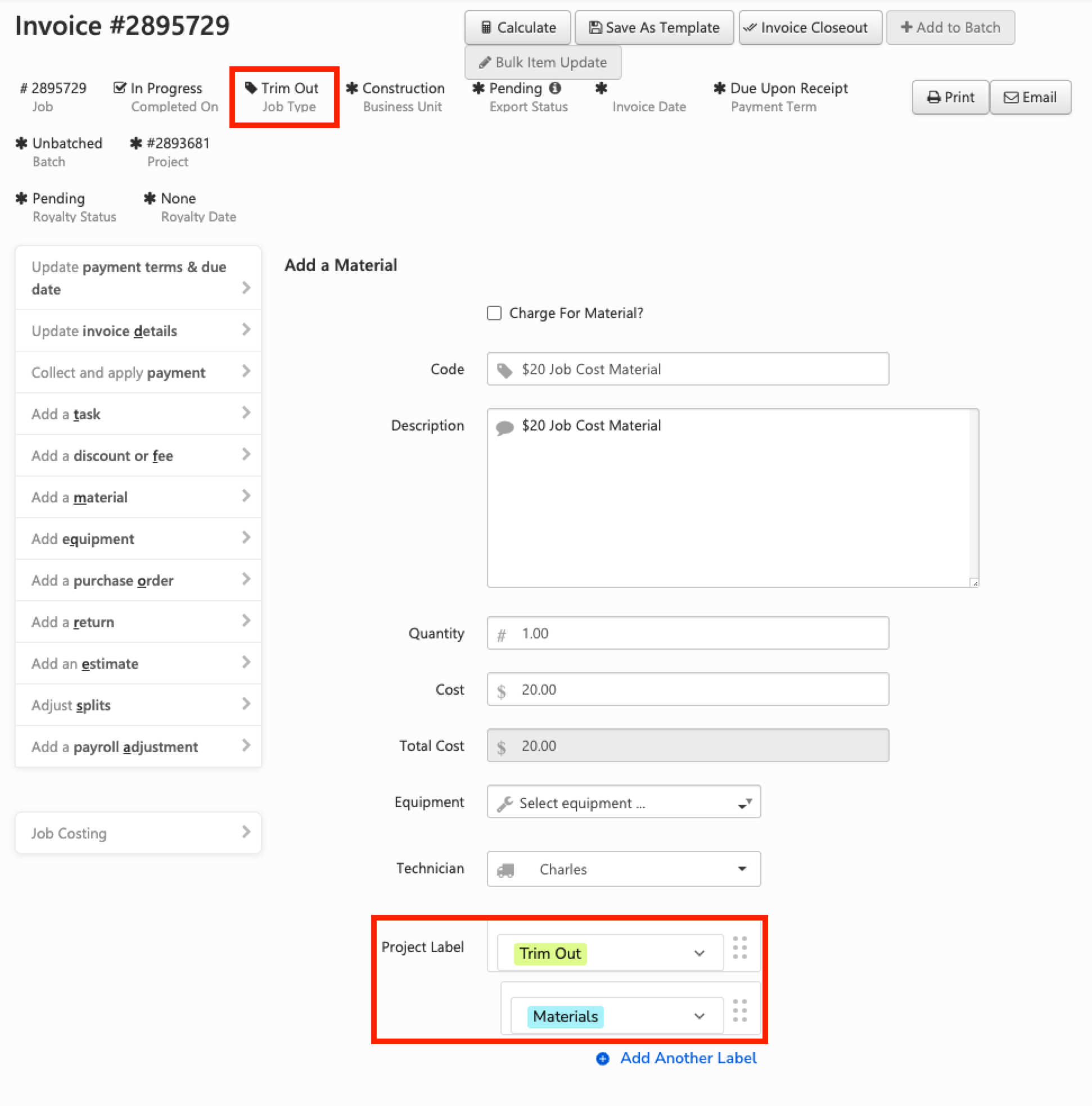 Invoice showing project details for 'Trim Out' and associated material costs.