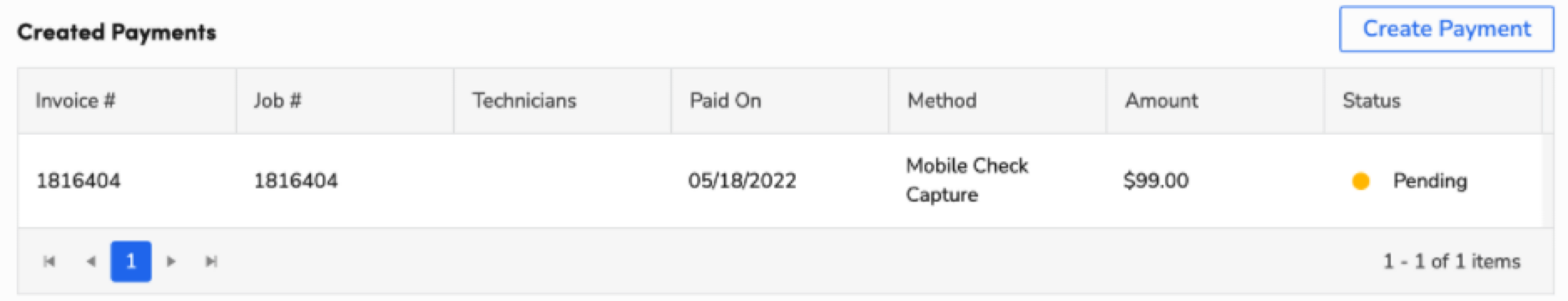 Payment details showing invoice number, amount, method, and status as pending.