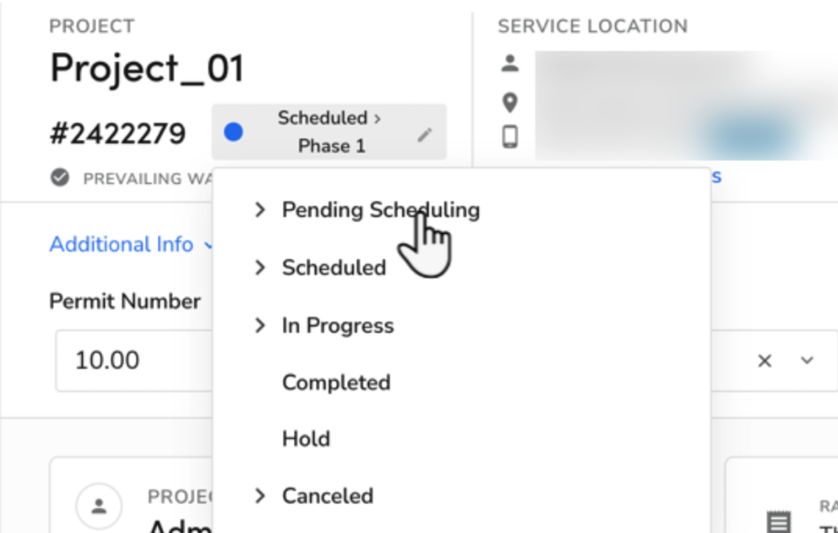 Dropdown menu showing project scheduling options including pending and completed statuses.