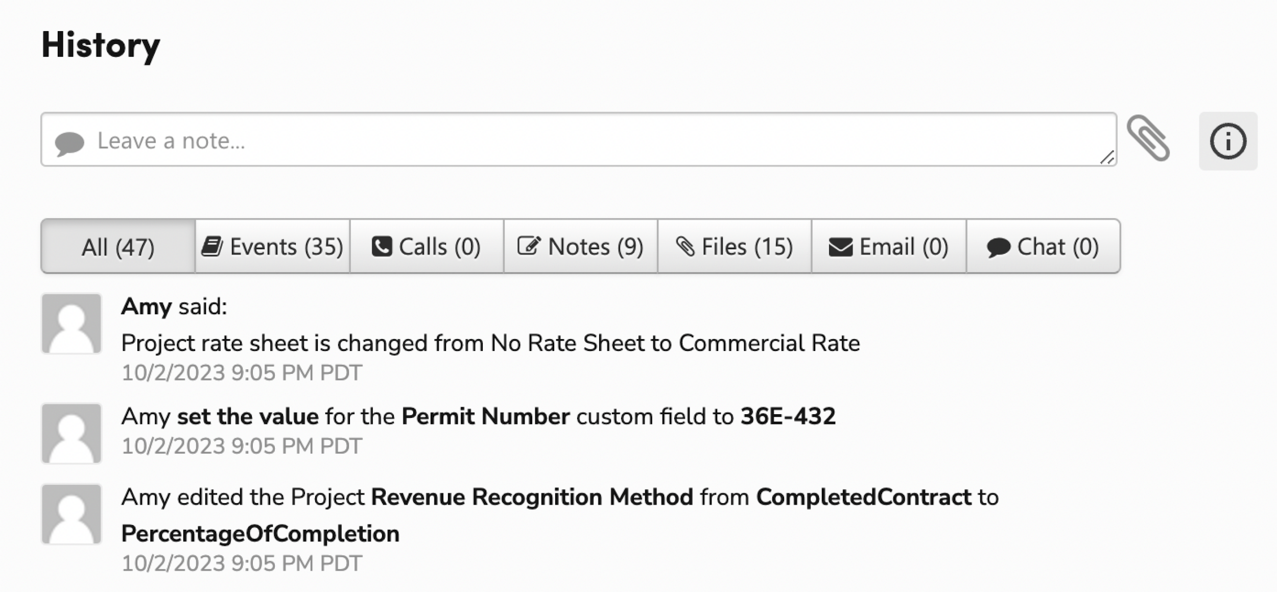 History log showing project updates, including rate changes and custom field edits.