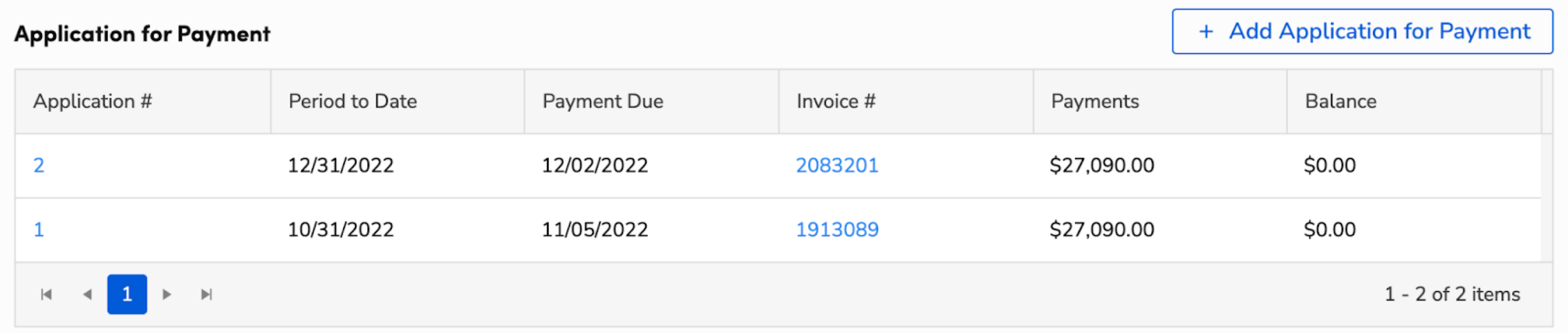Table displaying payment applications with details like application number, due dates, and balances.