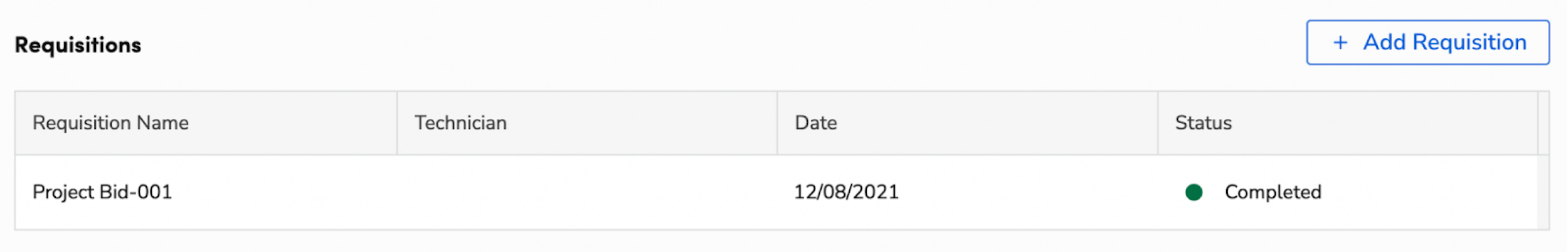 Table displaying requisition details including name, technician, date, and status.