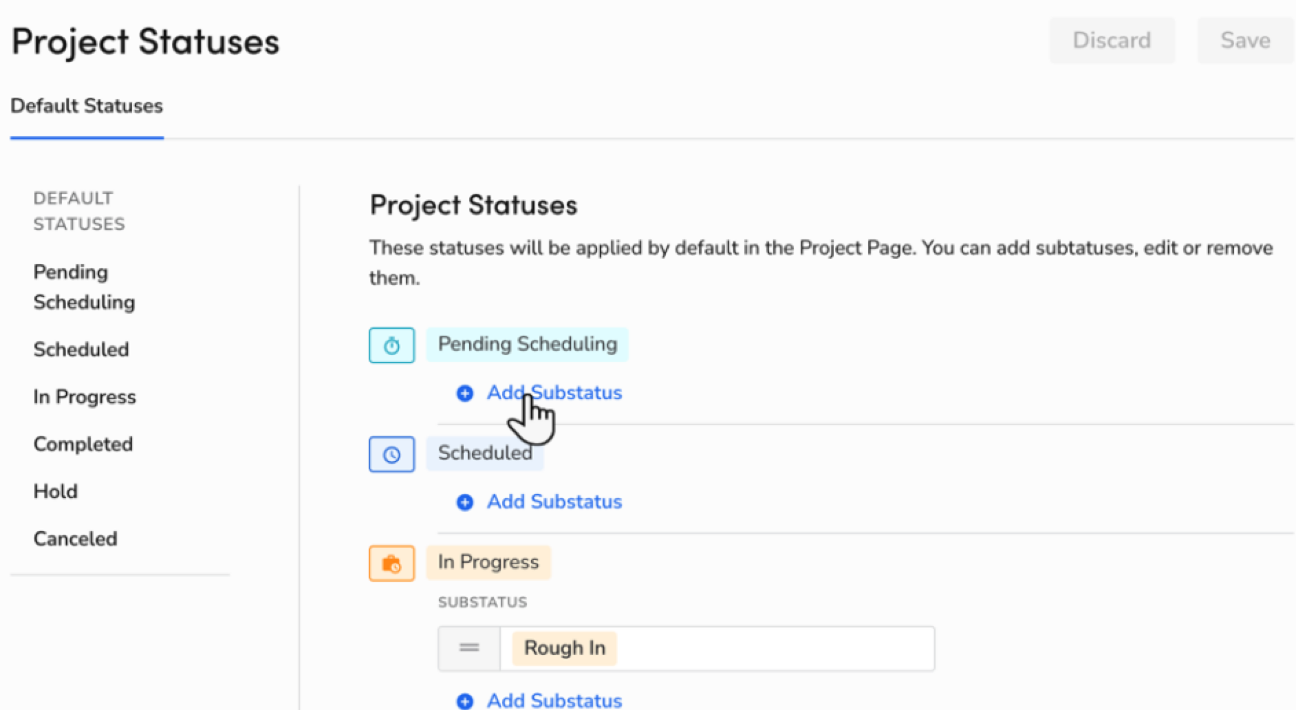 Project statuses with options to add subtasks and manage project workflow effectively.