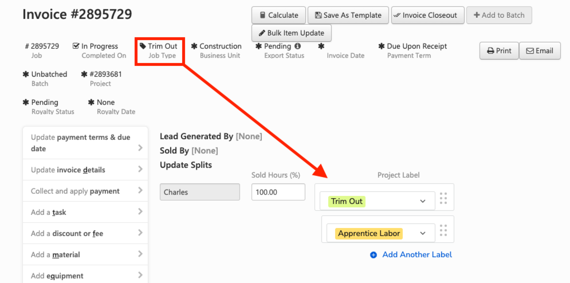 Invoice details showing job type 'Trim Out' and project label options for selection.