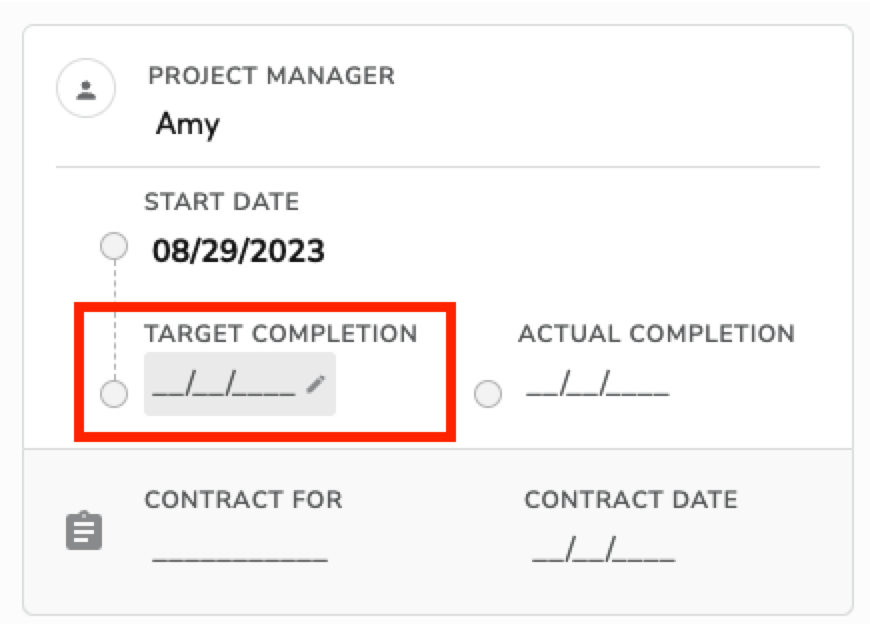 Project management details showing target completion date and actual completion fields.