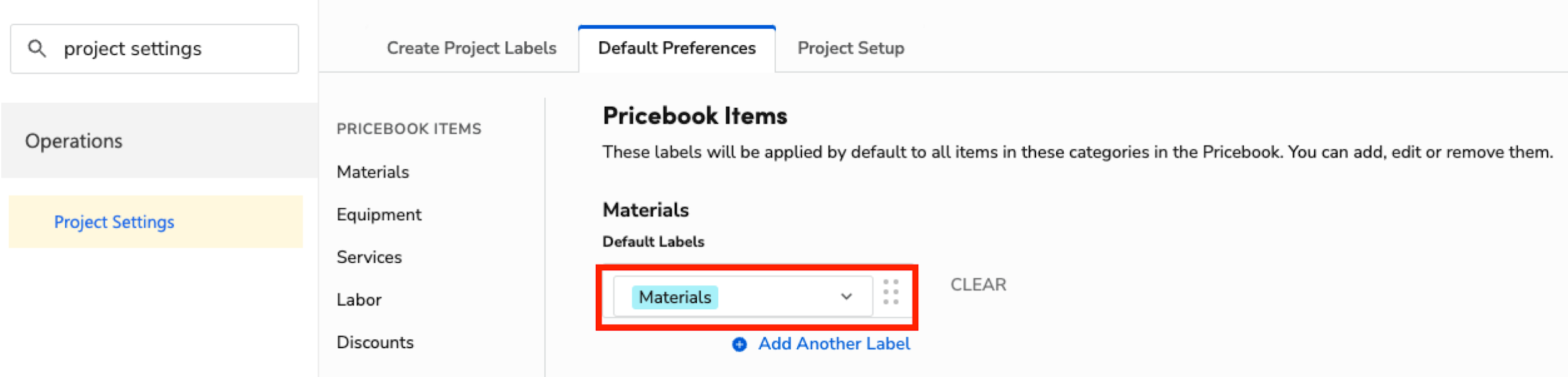 Project settings interface showing default labels for pricebook items, including materials.