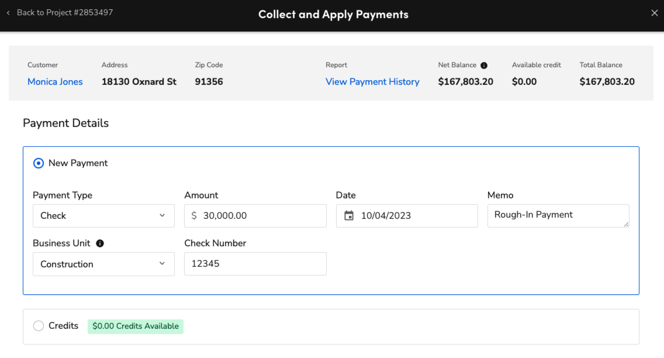 Payment details for Monica Jones including amount, date, and memo information.